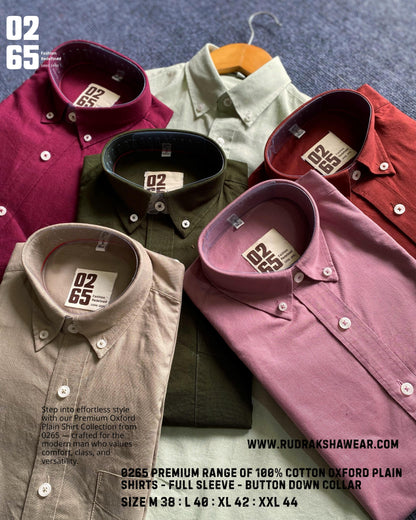 0265 Premium Cotton Oxford - Plain Full Sleeve Shirt - Button Down Collar