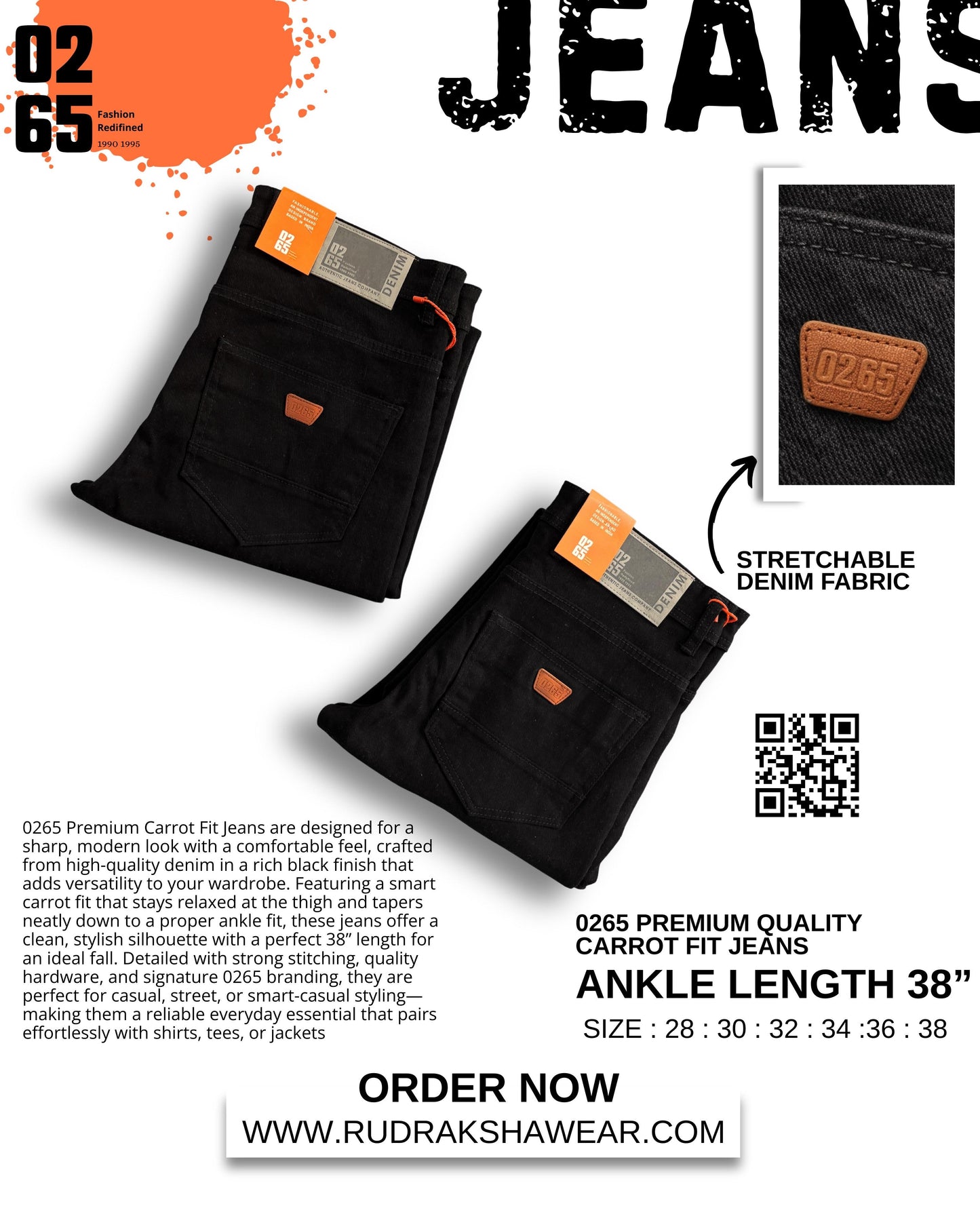 0265 Premium Carrot fit Jeans | Ankle Length 38" | Stretchable | Yarn Dyed Denim Fabric | Durable Shade | Comfort In Every Move | Best Suitable For Guy with height 5.2" to 5.6"