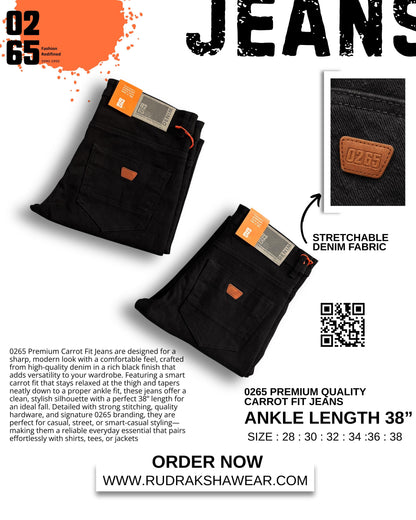 0265 Premium Carrot fit Jeans | Ankle Length 38" | Stretchable | Yarn Dyed Denim Fabric | Durable Shade | Comfort In Every Move | Best Suitable For Guy with height 5.2" to 5.6"