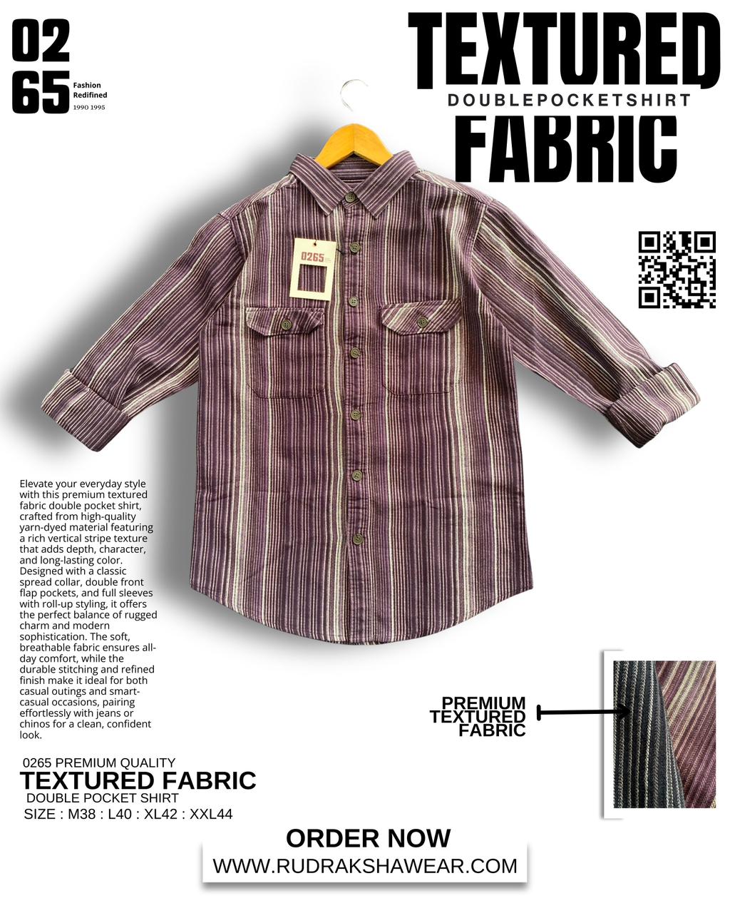 0265 Premium Textured Vertical Lining Double Pocket Full Sleeve Shirt | Backside Box Pleated