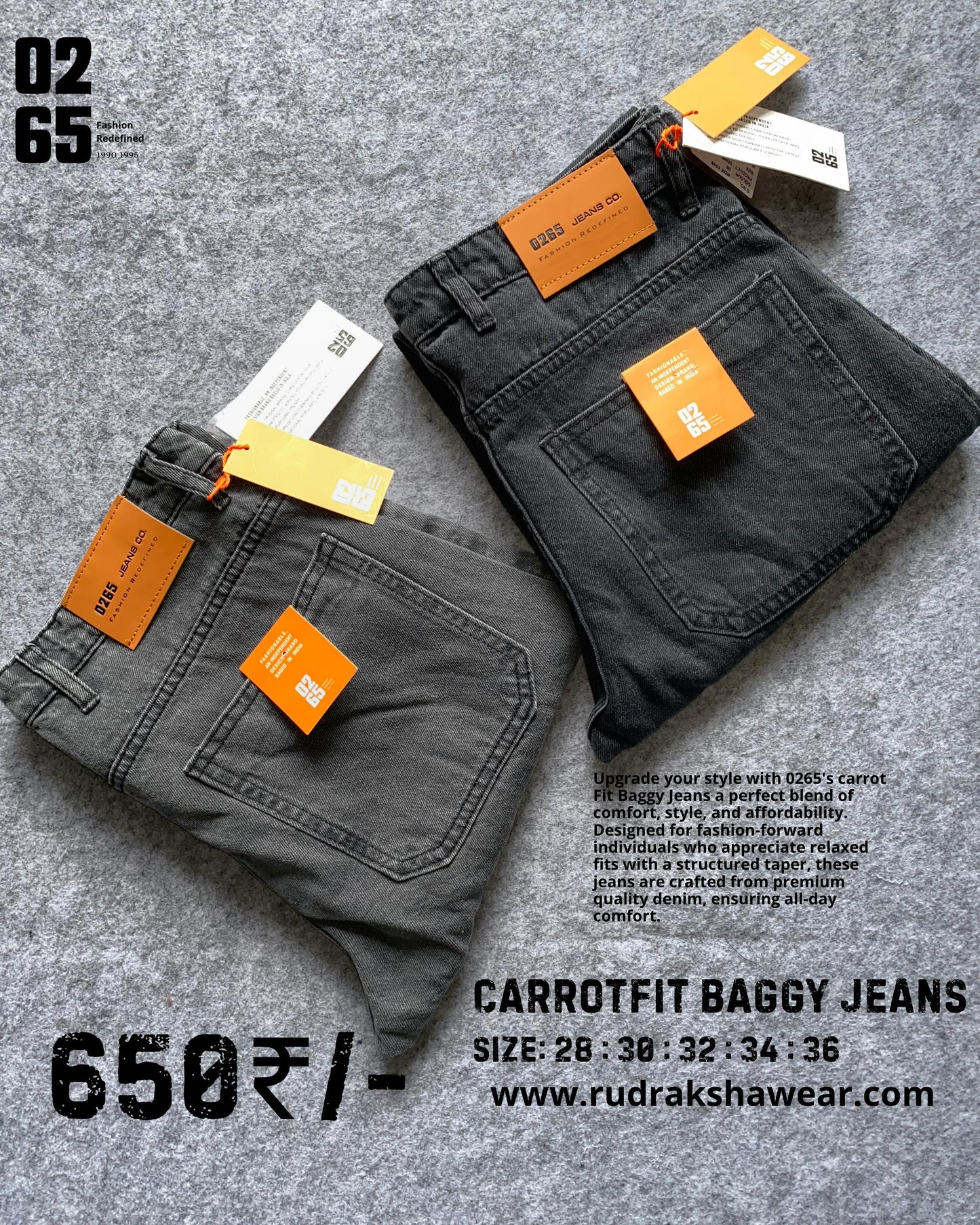 Carrot Fit Baggy Jeans By 0265 - Length 39.5" to 40" - NON STRETCHABLE