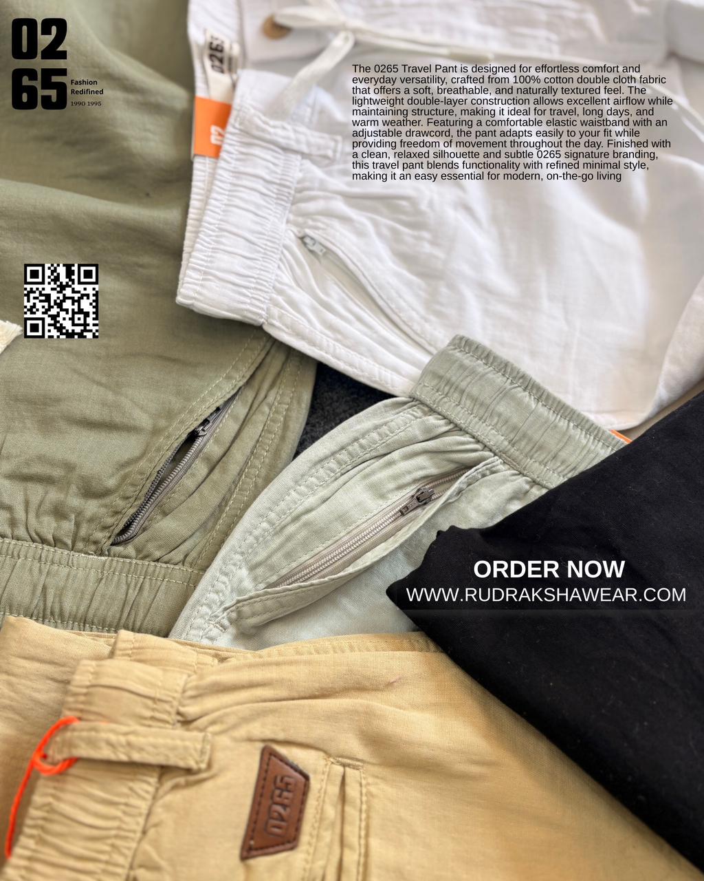 0265 Travel Pant - For Those Who Travel | 100% double cloth fabric | Ultra smooth & Light weight | One side front pocket zipper | Durable Elastic waist band | Belt Loops | Drawstring |Length 40”