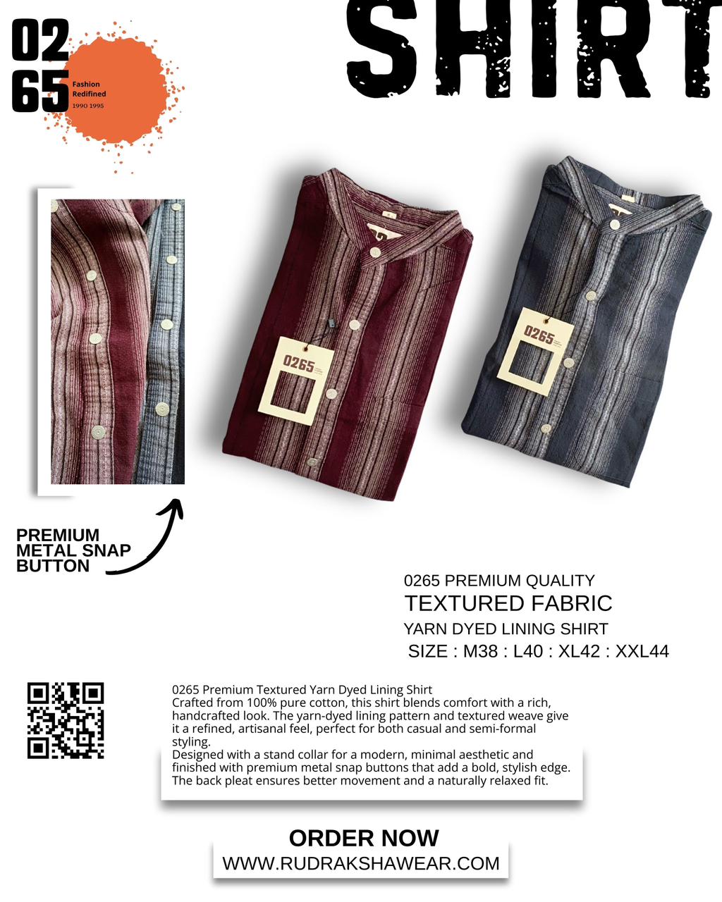 0265 Premium Quality Textured Fabric Vertical Lining Full Sleeve Shirt | Yarn Dyed 100 % Cotton | Mandarin Collar | Back Side Box Pleated