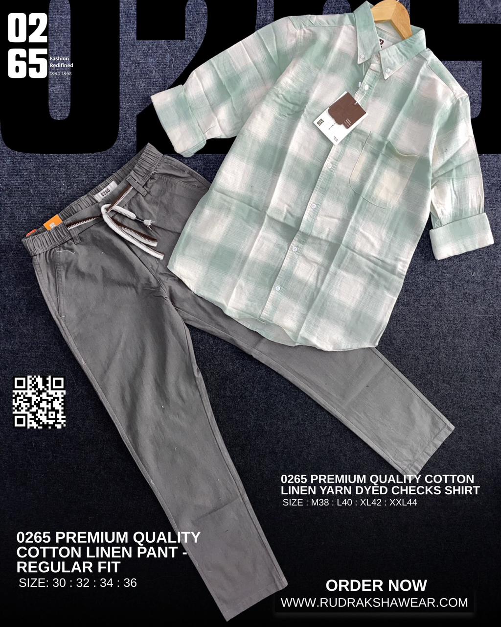 0265 Combo - Premium Imported Cotton linen full sleeve checks shirt & Cotton linen regular fit pant - Light Green Checks & Dark Grey Pant