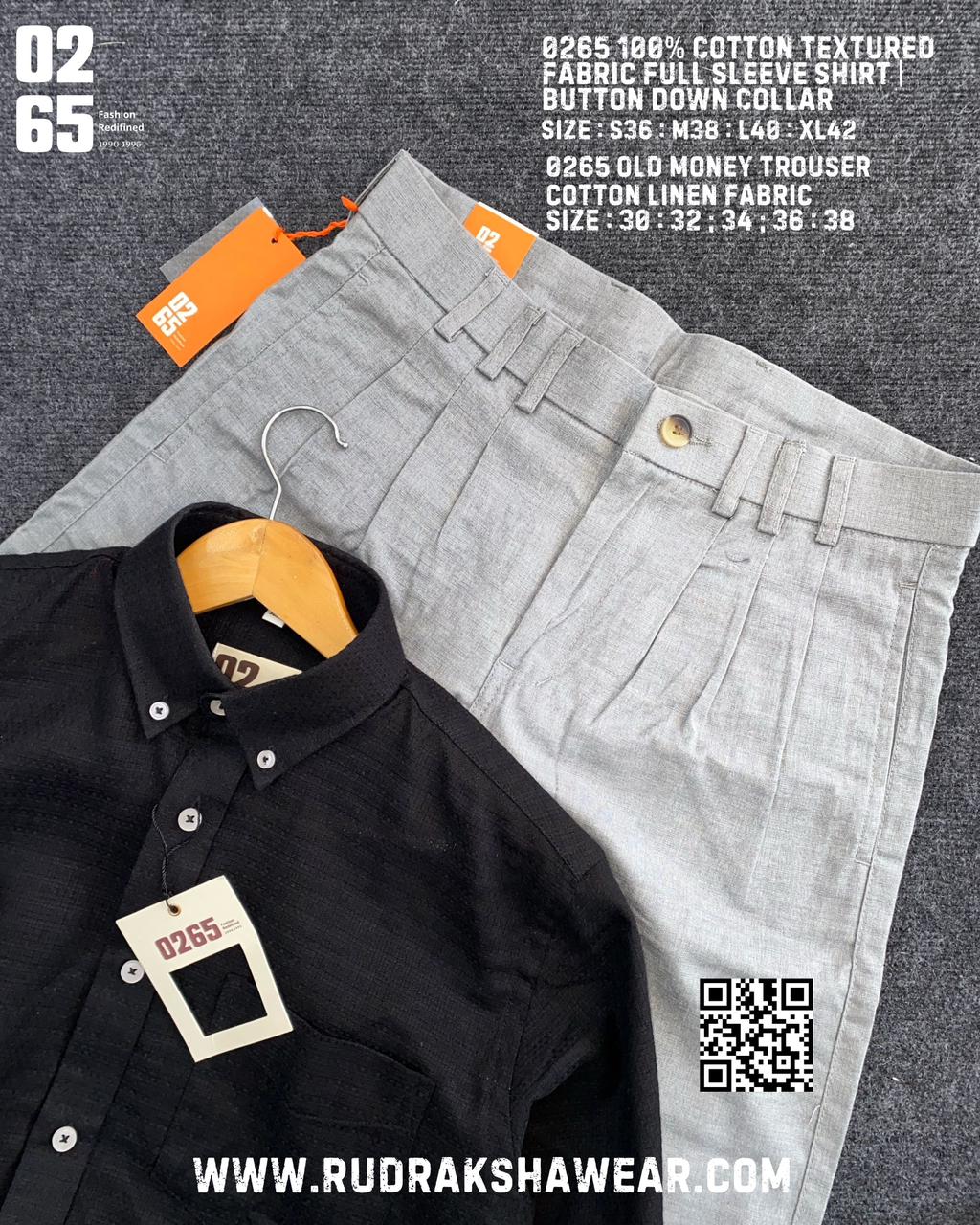 Combo - 0265 Texture Fabric Full Sleeve Shirt + 0265 Old Money Cotton Linen Trousers | Trouser Length 39"/39.5"