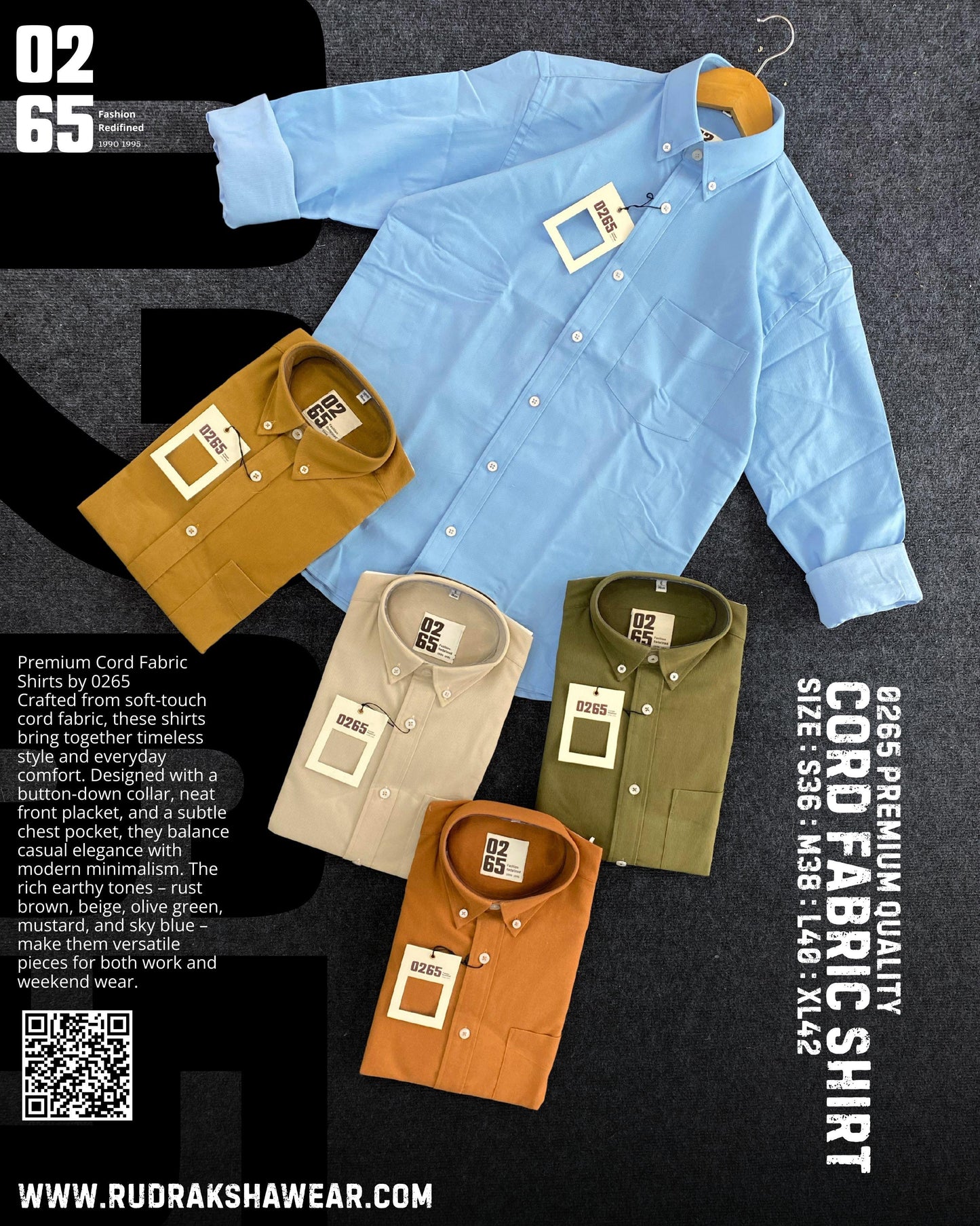 0265 Cord Fabric Full Sleeve Shirt | Button Down Collar | Stretchable | Soft & Comfort