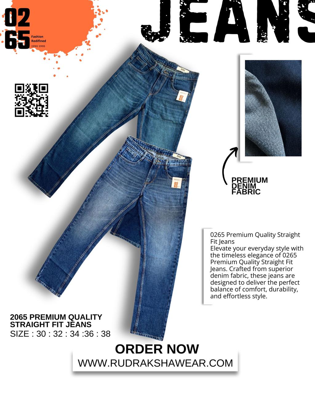 0265 PREMIUM STRAIGHT FIT JEANS | MERGING WHISKER| NON LYCRA | 42” Length