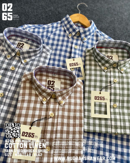 0265 Small Checks Cotton Linen Full Sleeve Shirt | Yarn Dyed | Button Down Collar |  Back Side Box Pleated