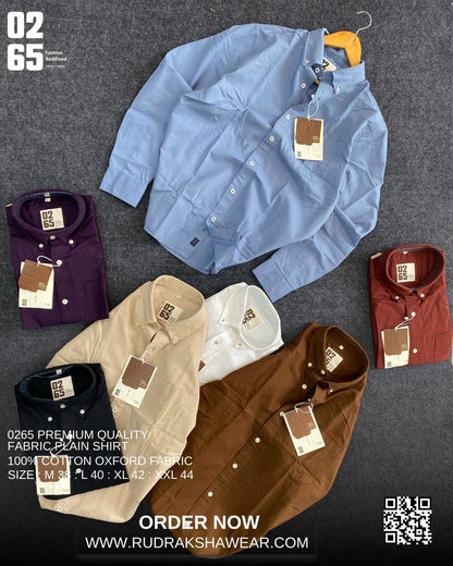 0265 Premium Plain Full Sleeve Shirt | Button Down Collar | Back Side Box Pleated With Loop | 100% Cotton Oxford Fabric