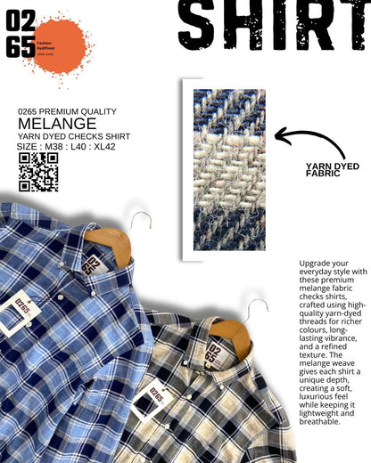0265 Premium Melange Checks Full Sleeve Shirt | 100% Cotton Fabric | Ultra Soft Feel | Button Down Collars | Back Side Pleated | Yarn Dyed Fabric