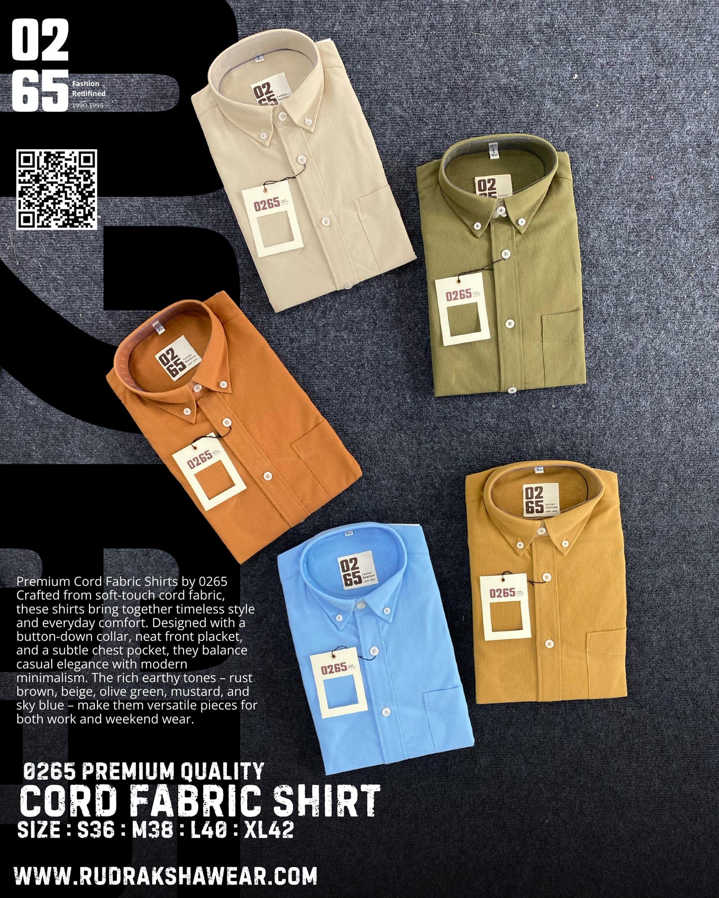 0265 Cord Fabric Full Sleeve Shirt | Button Down Collar | Stretchable | Soft & Comfort