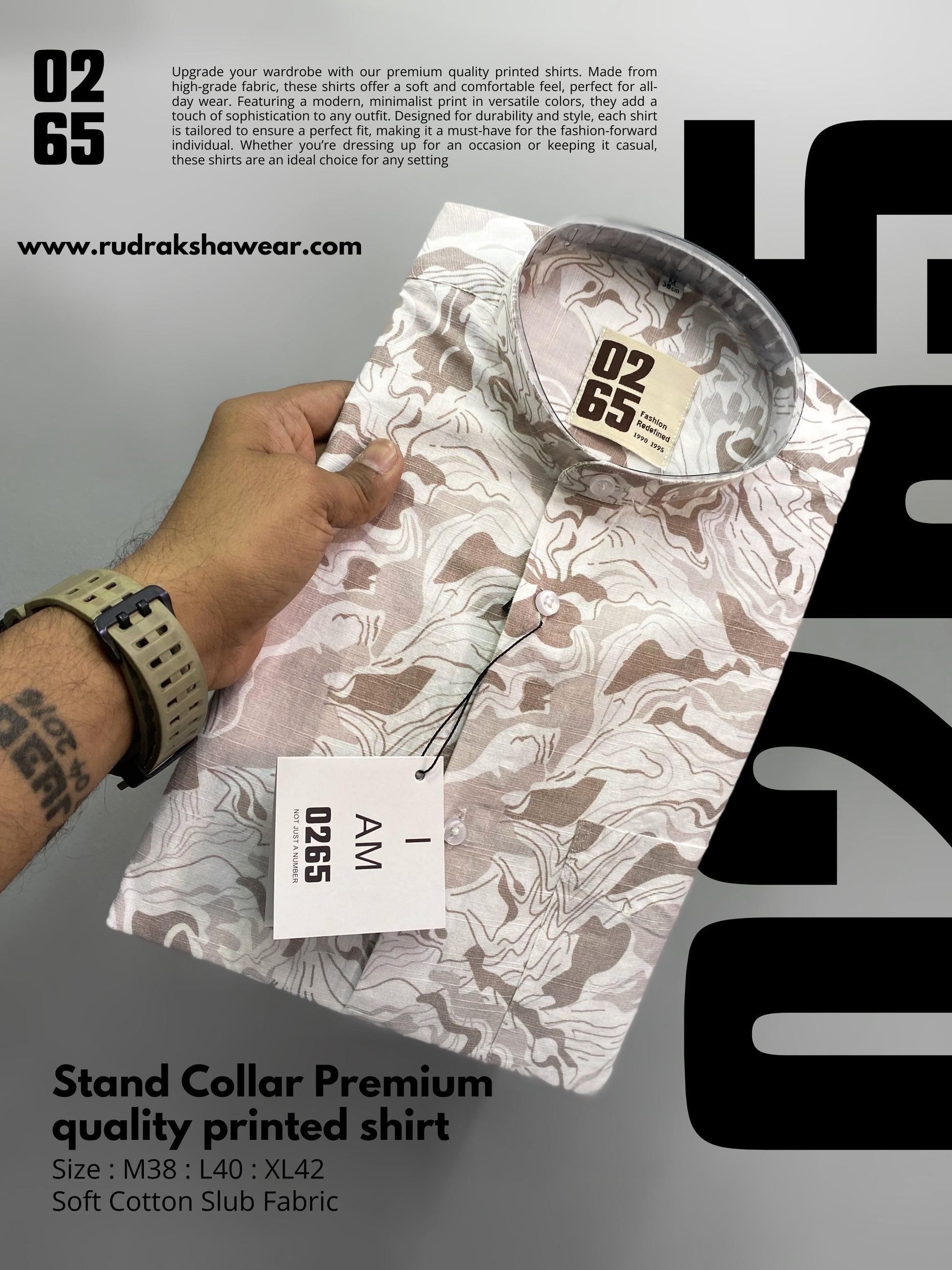 Premium stand collar full sleeve shirt (Mandarin collar) from the Wedding Collection by 0265, crafted from 100% cotton slub fabric. Features a sleek design, perfect for formal and wedding occasions, showcasing elegance and comfort in every detail