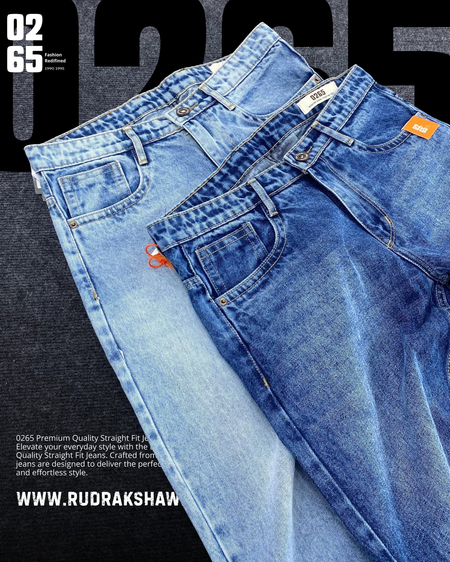 0265 PREMIUM STRAIGHT FIT JEANS | MERGING WHISKER| NON LYCRA | 42” Length