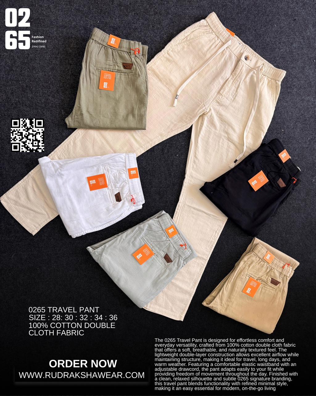 0265 Travel Pant - For Those Who Travel | 100% double cloth fabric | Ultra smooth & Light weight | One side front pocket zipper | Durable Elastic waist band | Belt Loops | Drawstring |Length 40”