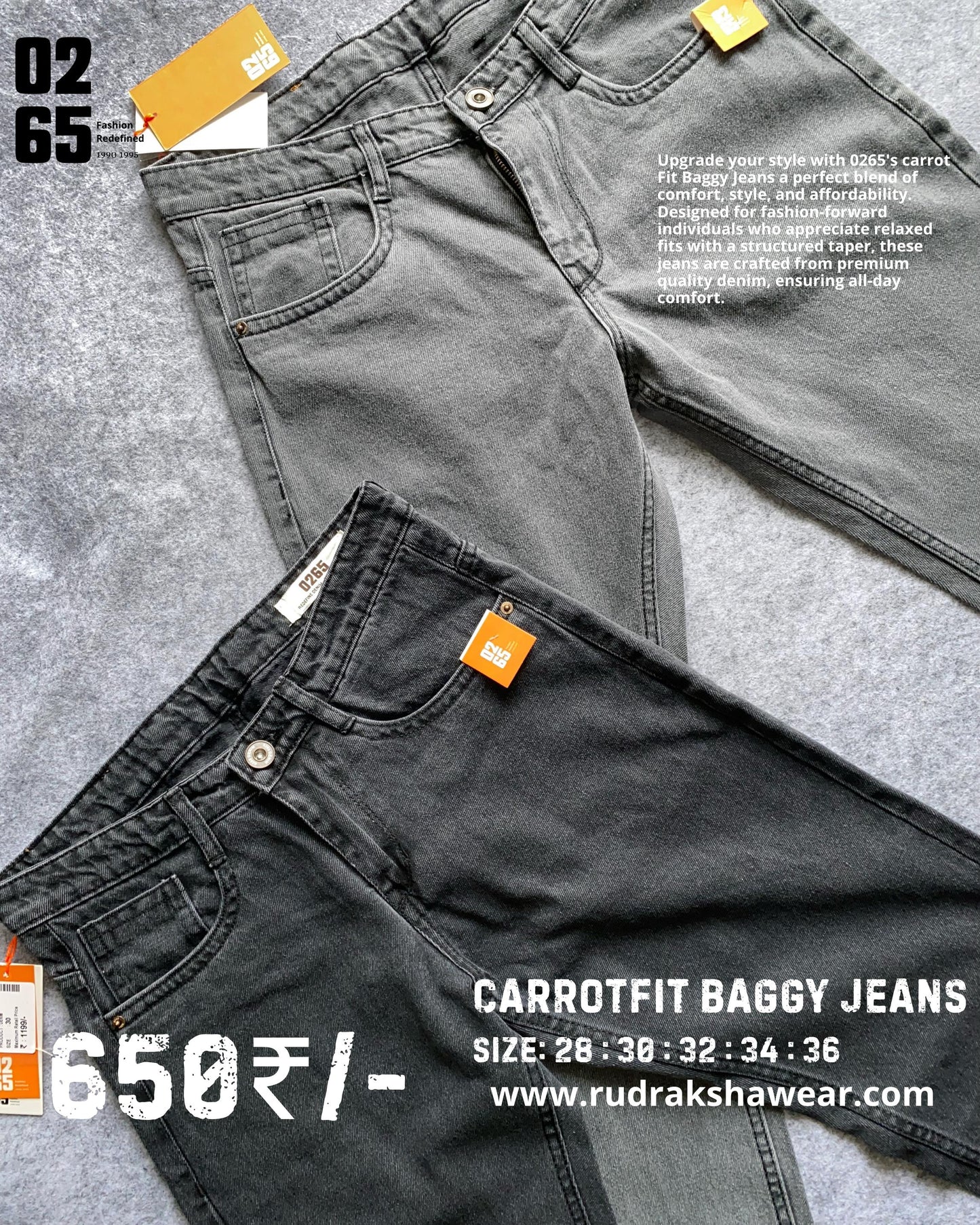 Carrot Fit Baggy Jeans By 0265 - Length 39.5" to 40" - NON STRETCHABLE