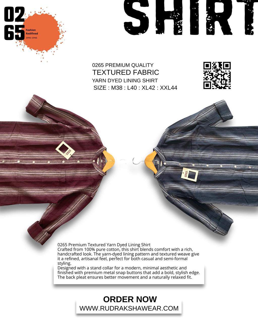 0265 Premium Quality Textured Fabric Vertical Lining Full Sleeve Shirt | Yarn Dyed 100 % Cotton | Mandarin Collar | Back Side Box Pleated