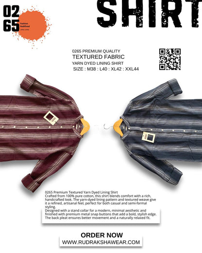 0265 Premium Quality Textured Fabric Vertical Lining Full Sleeve Shirt | Yarn Dyed 100 % Cotton | Mandarin Collar | Back Side Box Pleated