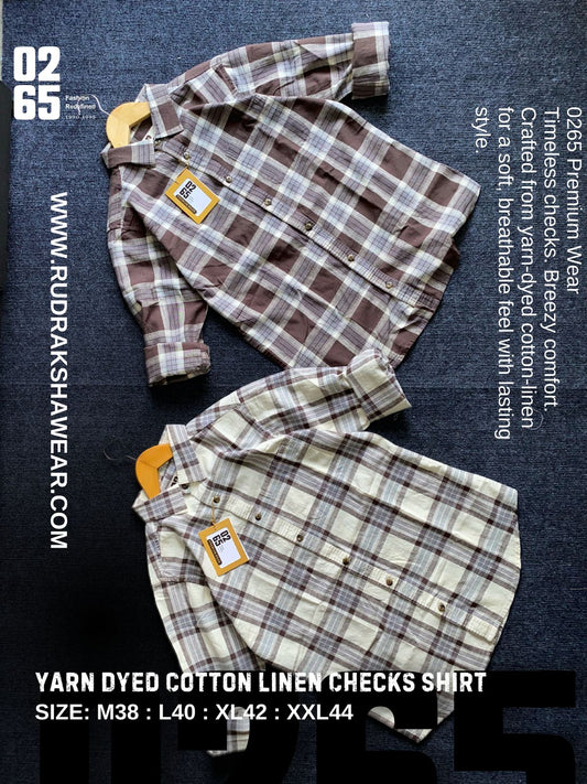 0265 Premium Cotton Linen Yarn Dyed Full Sleeve Checks Shirt - Thin & Ultra Light Weight Fabric