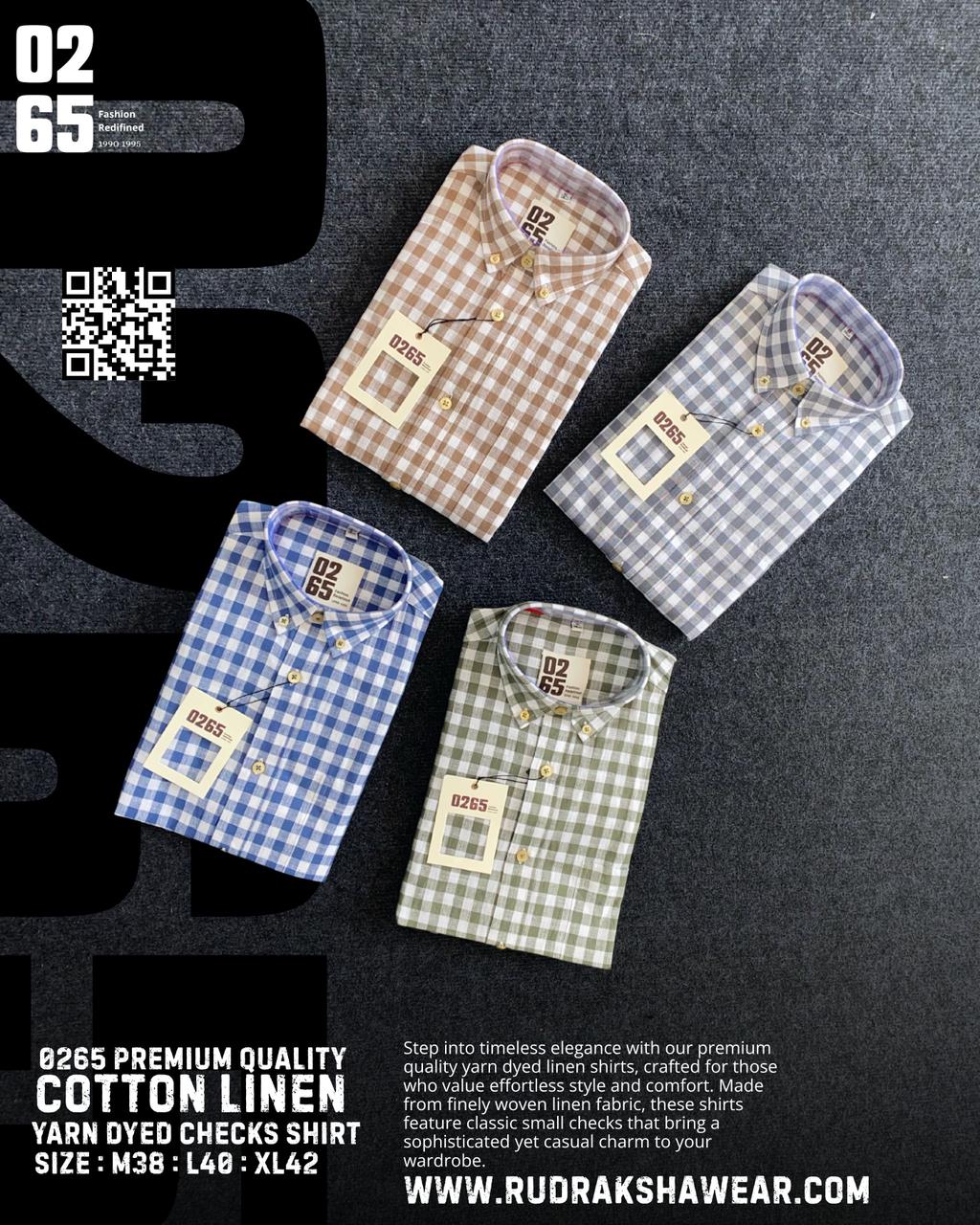 0265 Small Checks Cotton Linen Full Sleeve Shirt | Yarn Dyed | Button Down Collar |  Back Side Box Pleated