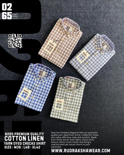 0265 Small Checks Cotton Linen Full Sleeve Shirt | Yarn Dyed | Button Down Collar |  Back Side Box Pleated