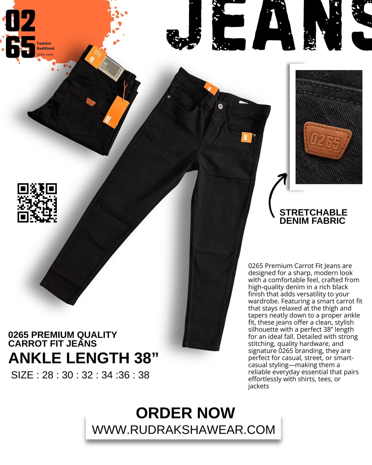 0265 Premium Carrot fit Jeans | Ankle Length 38" | Stretchable | Yarn Dyed Denim Fabric | Durable Shade | Comfort In Every Move | Best Suitable For Guy with height 5.2" to 5.6"