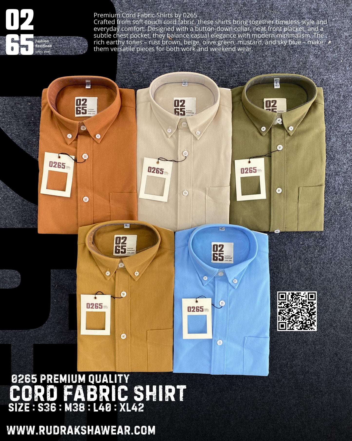 0265 Cord Fabric Full Sleeve Shirt | Button Down Collar | Stretchable | Soft & Comfort