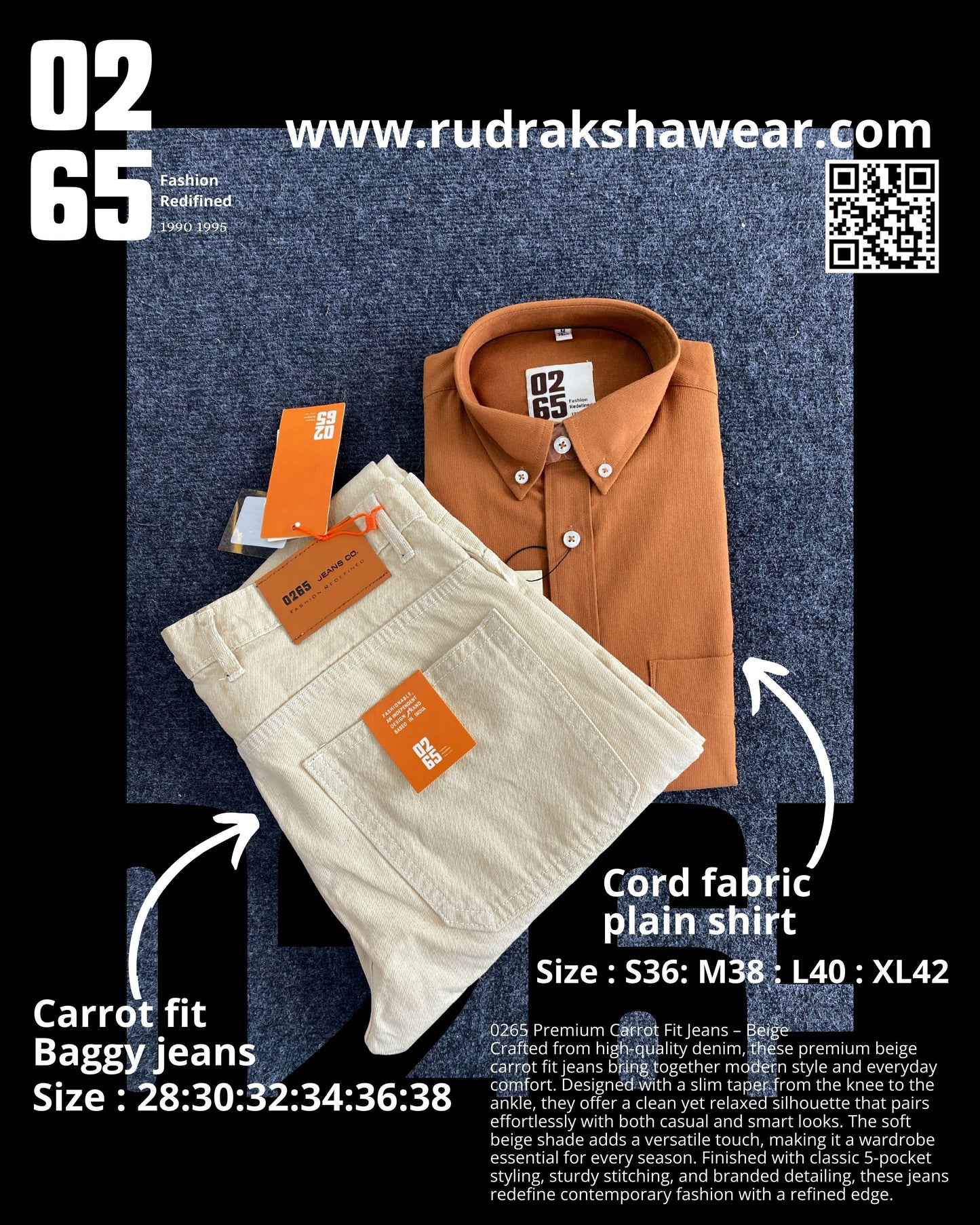 Combo - 0265 Cord Fabric Full Sleeve Shirt + 0265 Carrot Fit Baggy Jeans | Jeans Length 39"/40" | Jeans Non Lycra