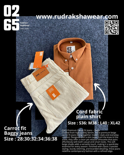 Combo - 0265 Cord Fabric Full Sleeve Shirt + 0265 Carrot Fit Baggy Jeans | Jeans Length 39"/40" | Jeans Non Lycra