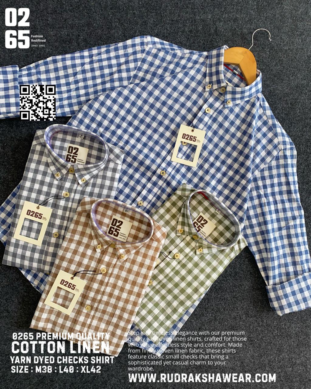 0265 Small Checks Cotton Linen Full Sleeve Shirt | Yarn Dyed | Button Down Collar |  Back Side Box Pleated