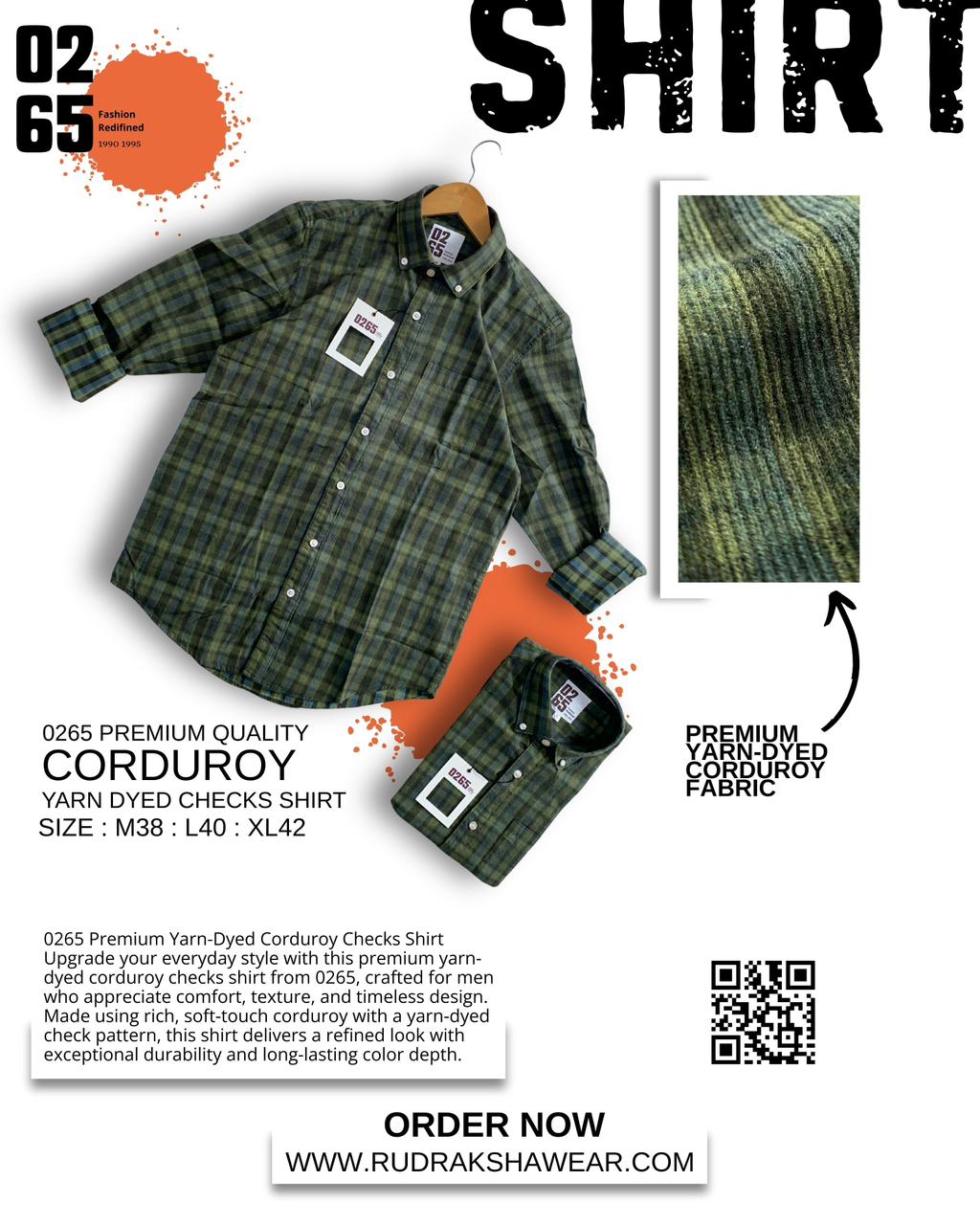 0265 Premium Corduroy Full Sleeve Shirt | Button Down Collar | Back Side Box Pleated | Yarn Dyed Checks