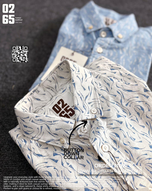 0265 Cotton Slub Printed Fabric Full Sleeve Shirt | Backside box pleated | Button Down Collar