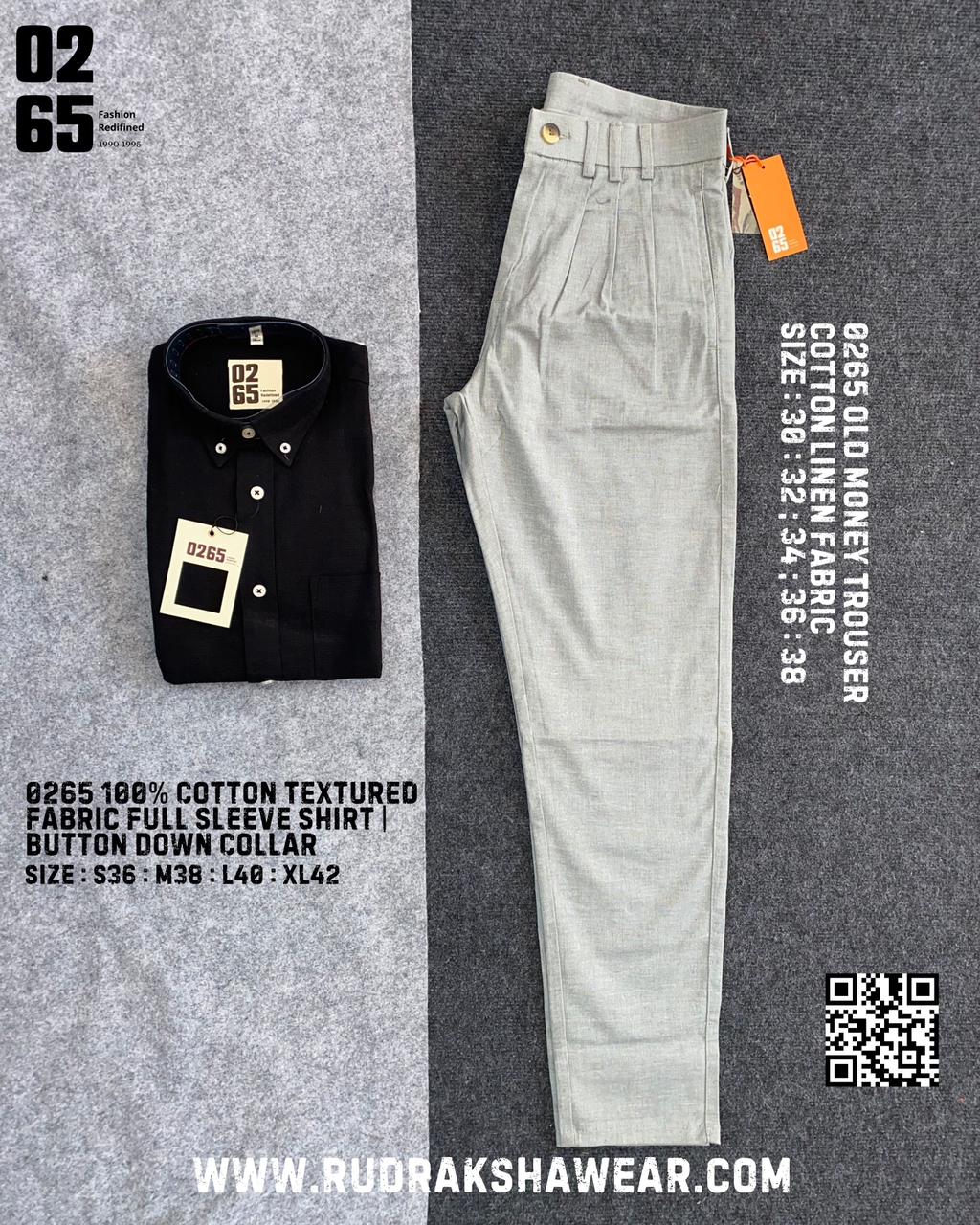 Combo - 0265 Texture Fabric Full Sleeve Shirt + 0265 Old Money Cotton Linen Trousers | Trouser Length 39"/39.5"