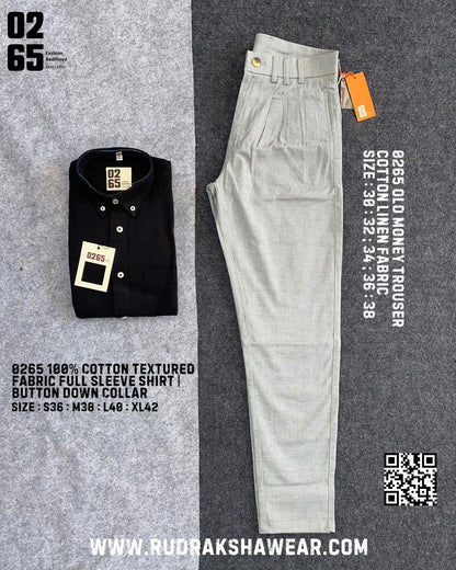 Combo - 0265 Texture Fabric Full Sleeve Shirt + 0265 Old Money Cotton Linen Trousers | Trouser Length 39"/39.5"