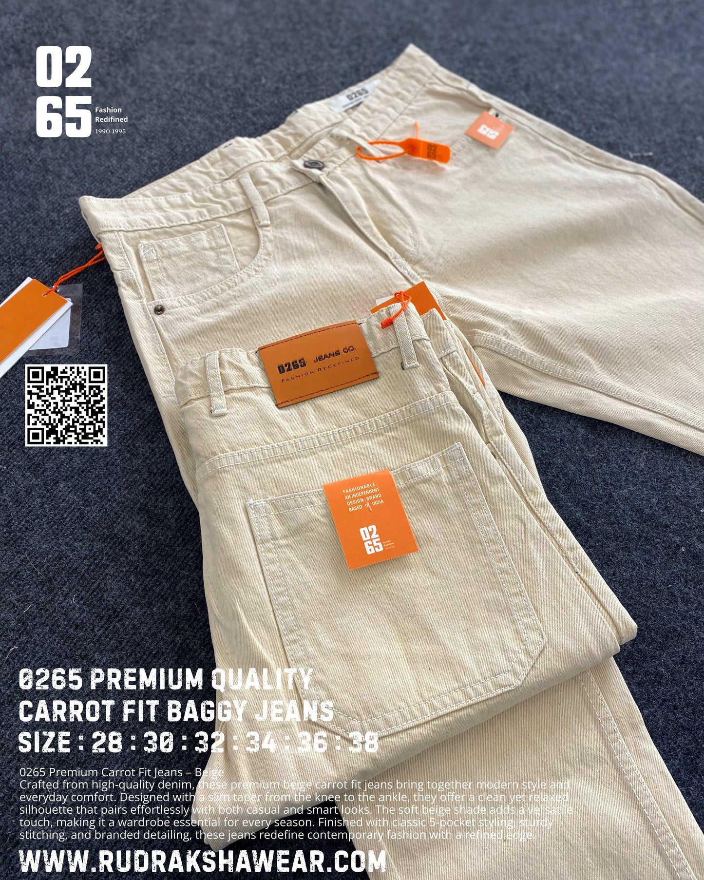 0265 Carrot Fit Baggy Jeans | Beige | Non Stretchable | Length 39”/40”
