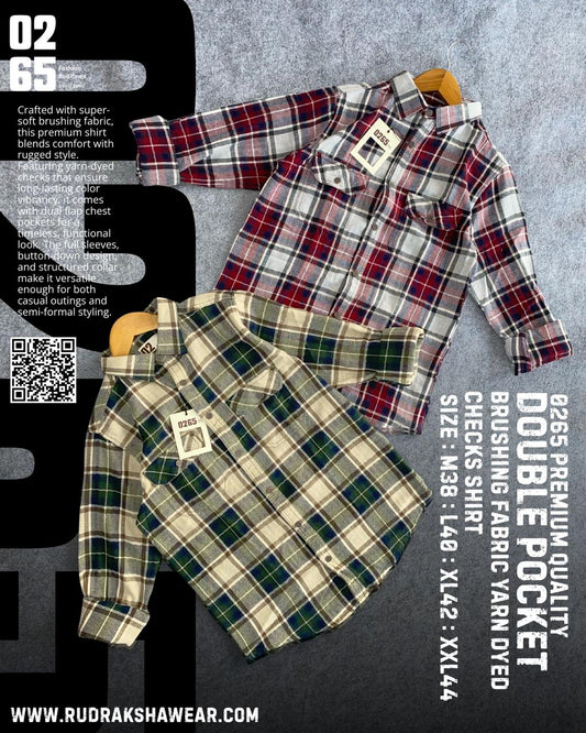 0265 Premium Brushing Double Pocket Full Sleeve Shirt | 100% Cotton Fabric | Ultra Soft | Metal Push Buttons