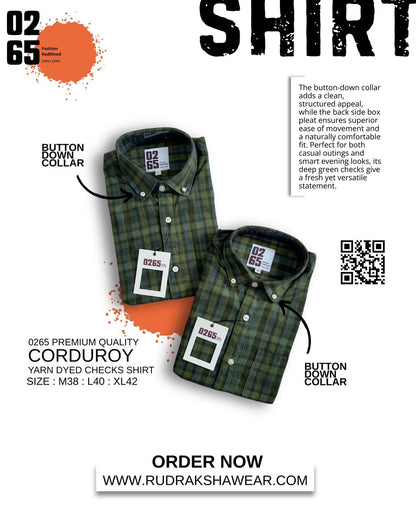 0265 Premium Corduroy Full Sleeve Shirt | Button Down Collar | Back Side Box Pleated | Yarn Dyed Checks