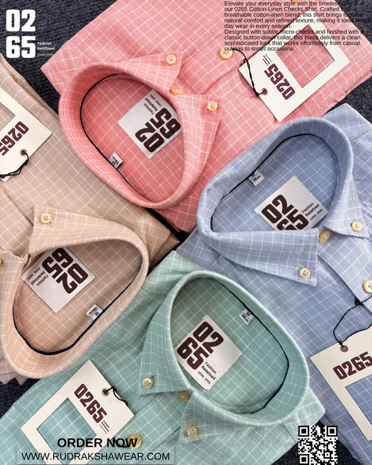 0265 Small Checks Cotton Linen Full Sleeve Shirt | Yarn Dyed | Button Down Collar |  Back Side Box Pleated