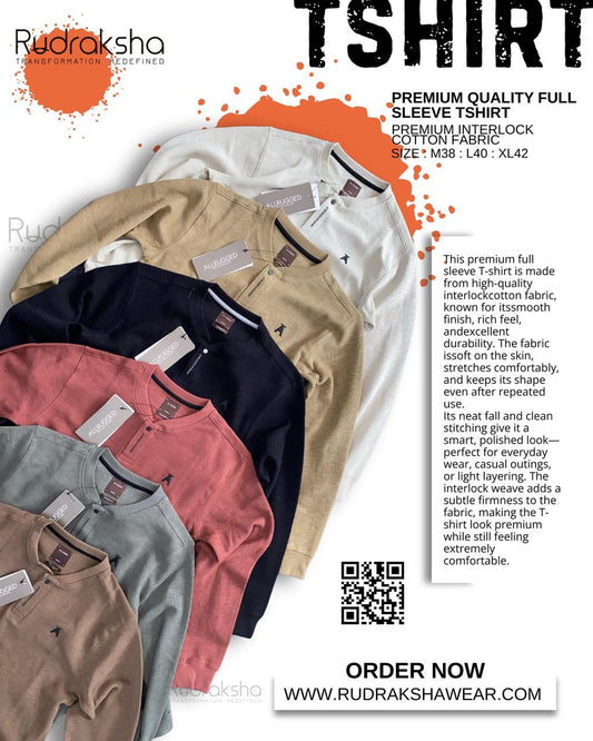 Premium Full Sleeve T-shirts | 100% Cotton Interlock Fabric | Flat Stand Collar