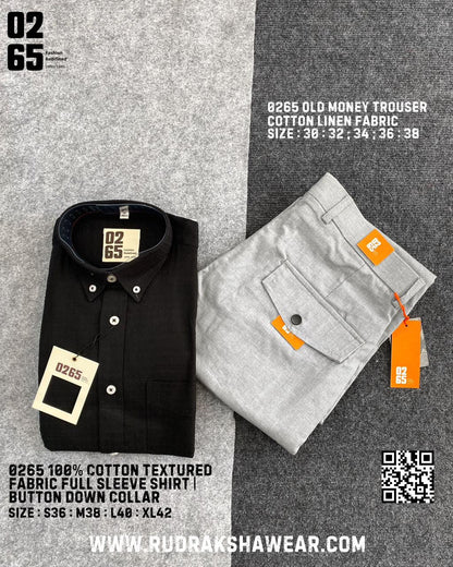 Combo - 0265 Texture Fabric Full Sleeve Shirt + 0265 Old Money Cotton Linen Trousers | Trouser Length 39"/39.5"