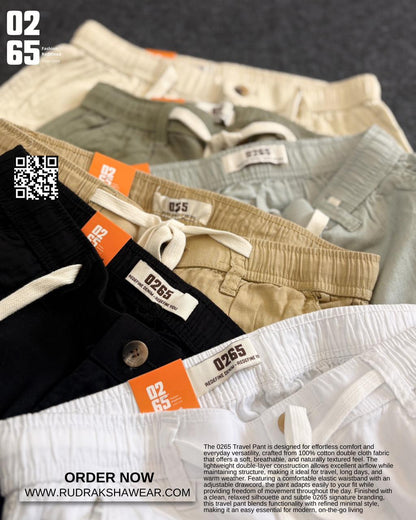 0265 Travel Pant - For Those Who Travel | 100% double cloth fabric | Ultra smooth & Light weight | One side front pocket zipper | Durable Elastic waist band | Belt Loops | Drawstring |Length 40”