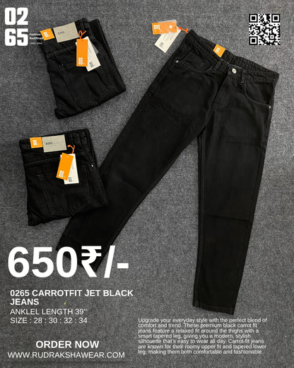 0265 Black Carrot Fit Jeans | Non-Stretchable | Length 39" to 39.5"
