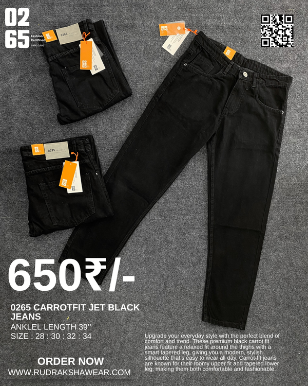 0265 Black Carrot Fit Jeans | Non-Stretchable | Length 39" to 39.5"