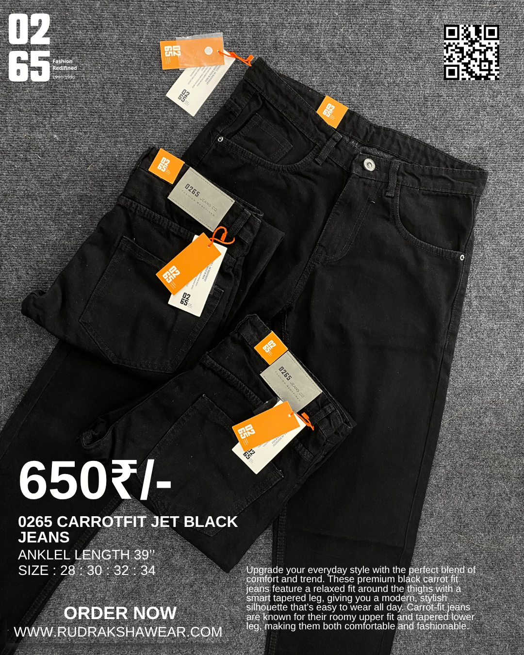 0265 Black Carrot Fit Jeans | Non-Stretchable | Length 39" to 39.5"