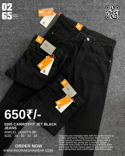 0265 Black Carrot Fit Jeans | Non-Stretchable | Length 39" to 39.5"