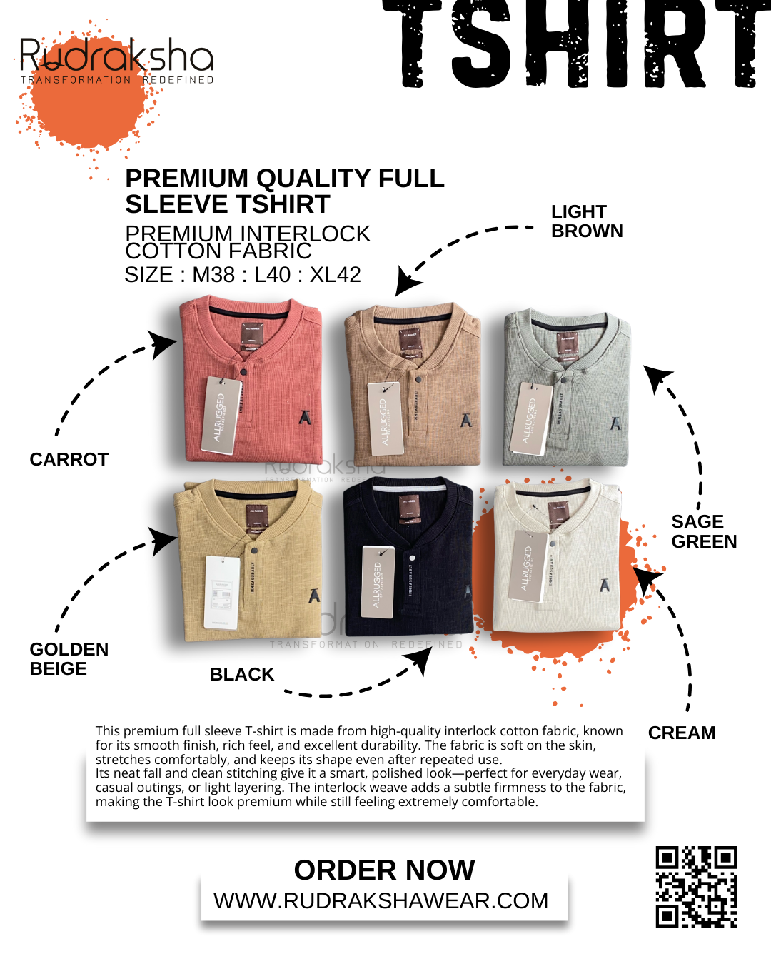 Premium Full Sleeve T-shirts | 100% Cotton Interlock Fabric | Flat Stand Collar