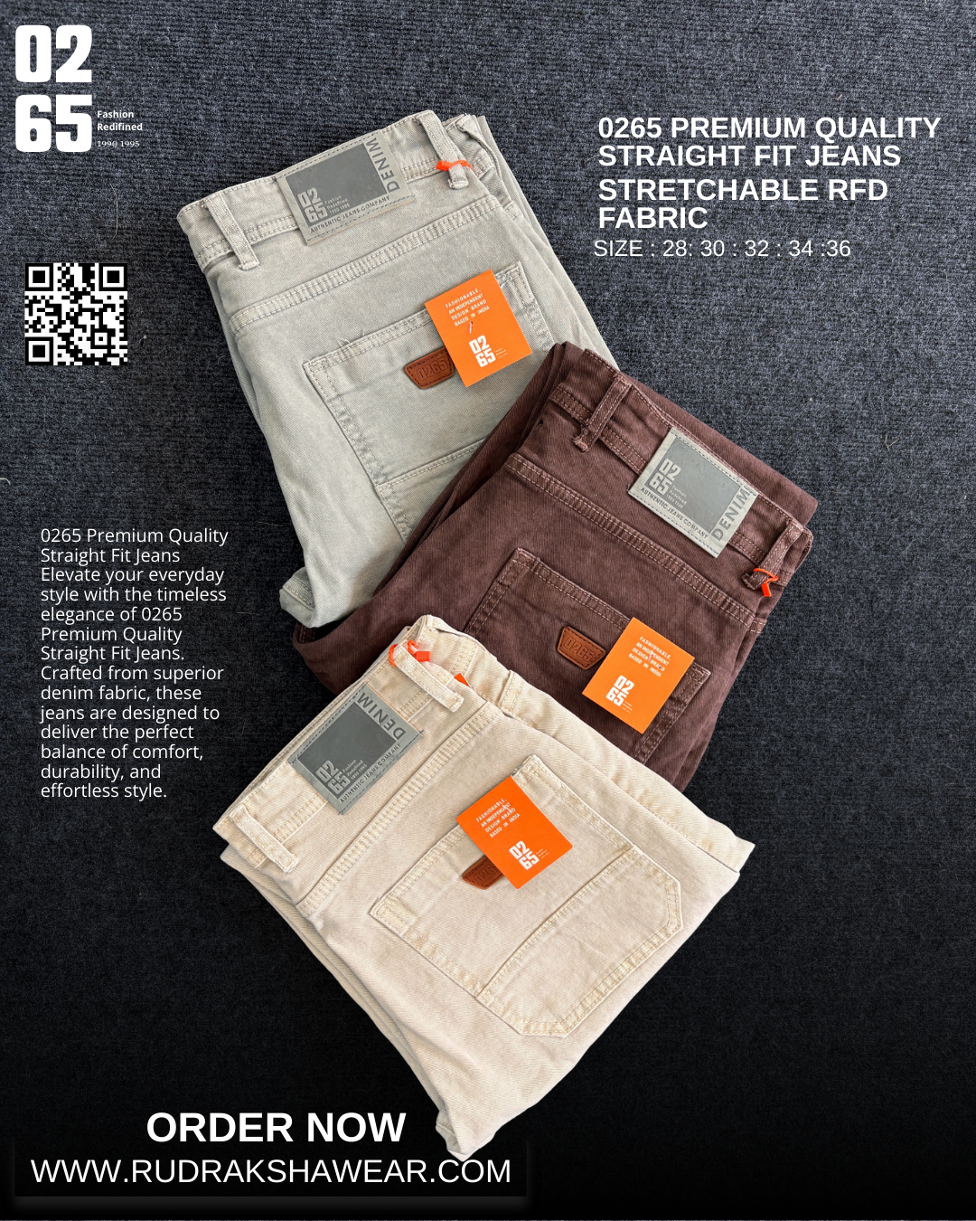 0265 Straight Fit Jeans | Stretchable | Length 40" | RFD Fabric