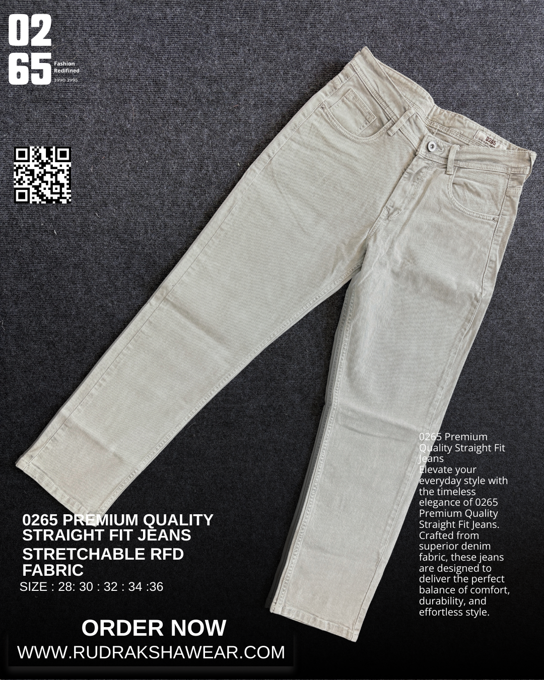 0265 Straight Fit Jeans | Stretchable | Length 40" | RFD Fabric