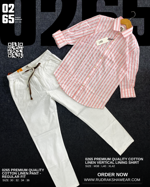 0265 Combo - Cotton linen full sleeve lining shirt & Cotton linen regular fit pant - Pink & White