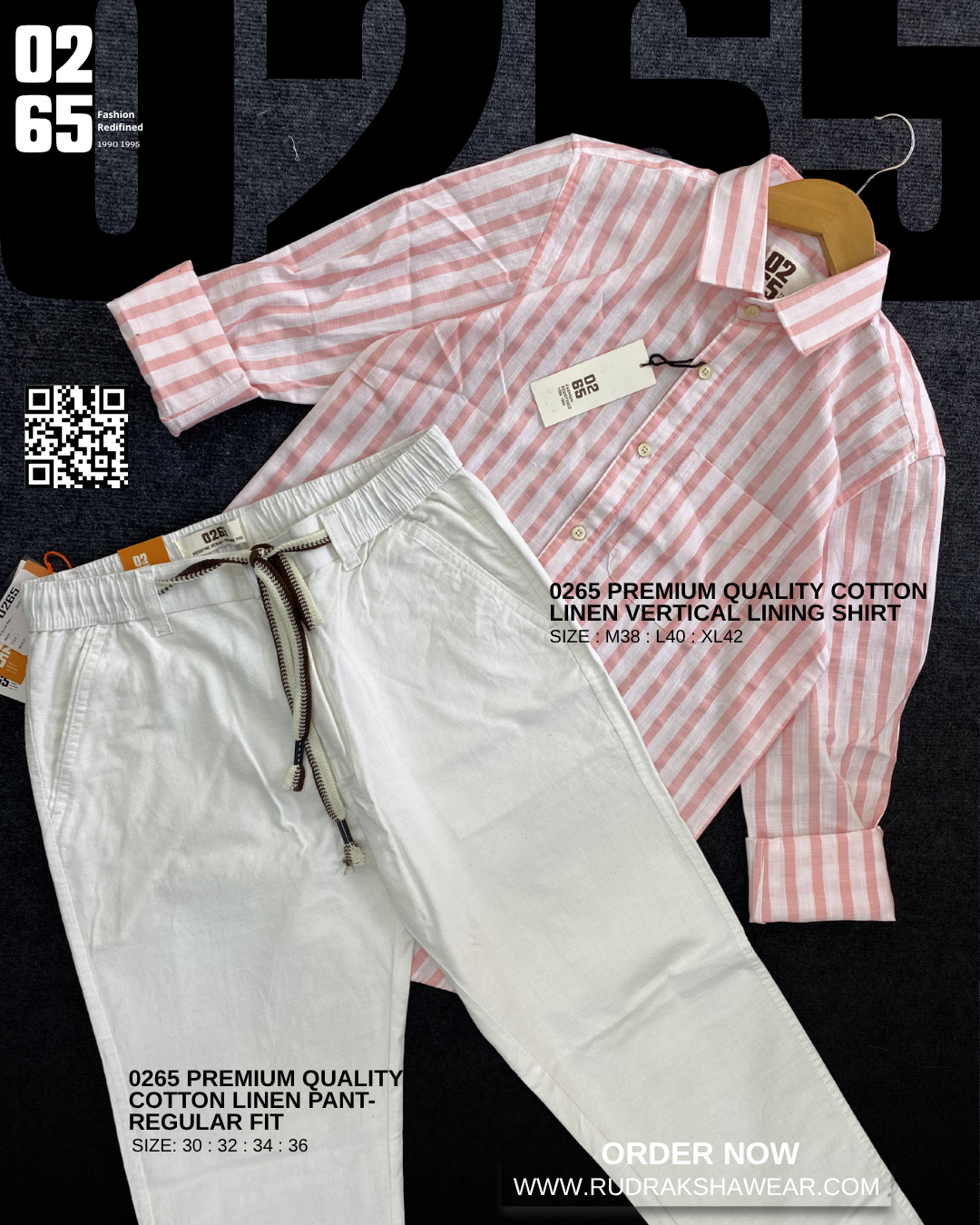 0265 Combo - Cotton linen full sleeve lining shirt & Cotton linen regular fit pant - Pink & White