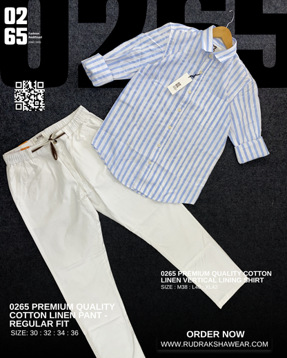 0265 Combo - Cotton linen full sleeve lining shirt & Cotton linen regular fit pant - Light Blue & White